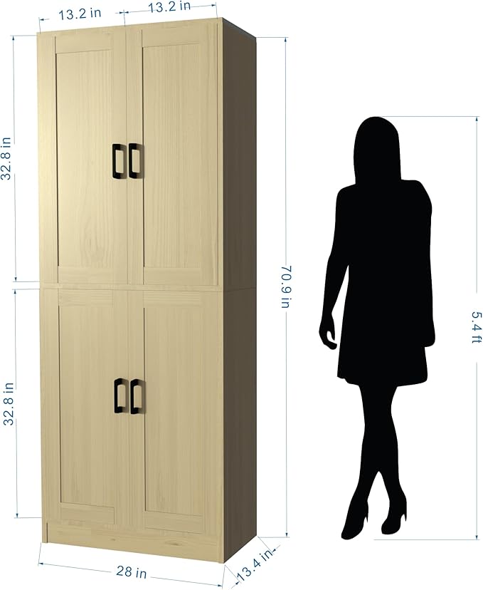 Oak Kitchen Pantry, 71" Tall Cabinet with Doors, Hutch with Storage for Dining Room-Ruum Studio Home