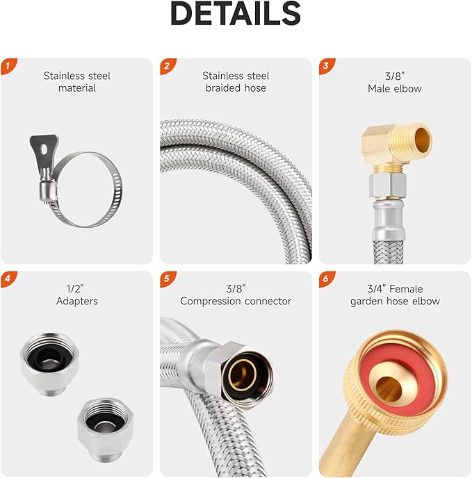 Roastove Universal Dishwasher Installation Kit,6 Ft Stainless Steel Dishwasher Hose,Burst Proof Water Supply Line with 3/8" Compression Connections,With a 6 feet drain hose and a clamp, one set-Ruum Studio Home