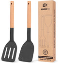 Pack of 2 Silicone Cooking Spatula, Heat Resistant Solid Turner, Non Stick Slotted Spatulas with Wooden Short Handle,Ideal Wood Kitchen Utensils Set for Frying, Baking, Flipping, Turning-Ruum Studio Home