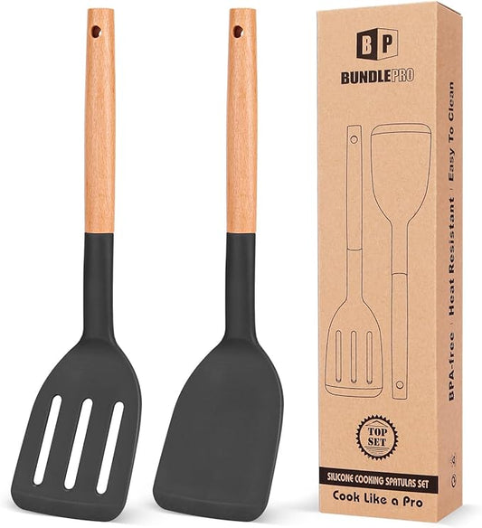 Pack of 2 Silicone Cooking Spatula, Heat Resistant Solid Turner, Non Stick Slotted Spatulas with Wooden Short Handle,Ideal Wood Kitchen Utensils Set for Frying, Baking, Flipping, Turning-Ruum Studio Home