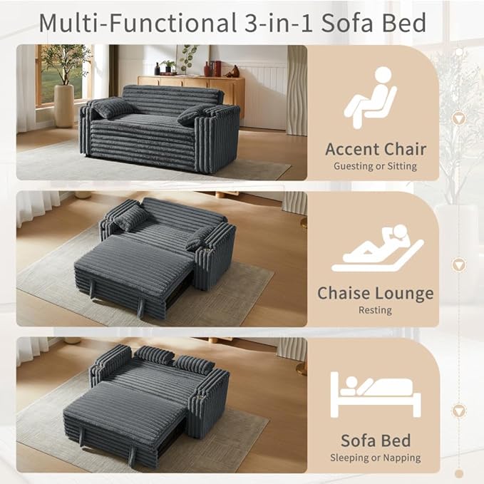 68.11" Corduroy Convertible Sofa Bed with USB Charging Port, Foldable Sleeper Chair with Pillows & Armrests, 3-in-1 Floor Couch for Living Room, Bedroom, Guest Room – Dark Gray-Ruum Studio Home