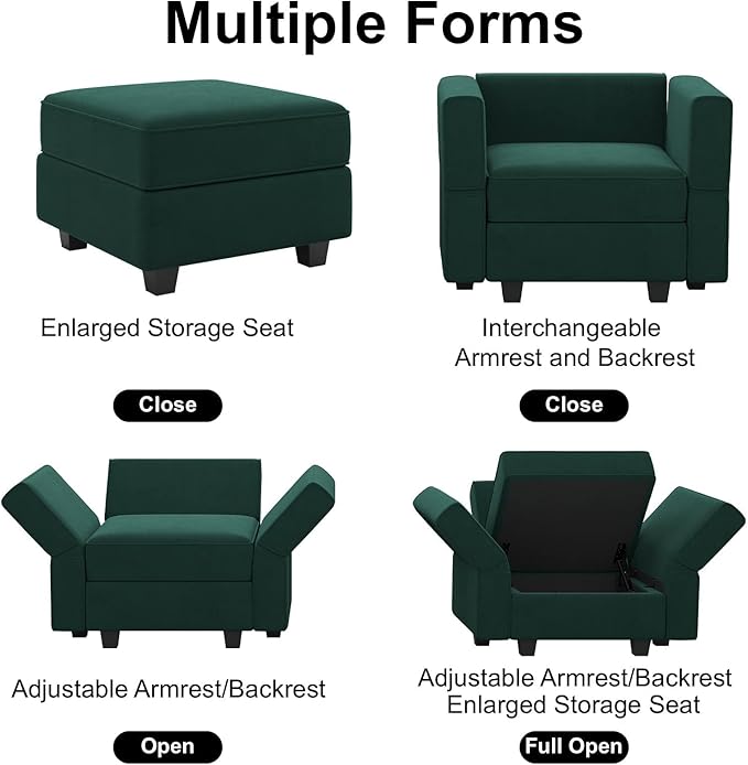 Belffin Modular Sofa Couch with Storage Seats Velvet 3 Seater Sofa for Living Room Green-Ruum Studio Home