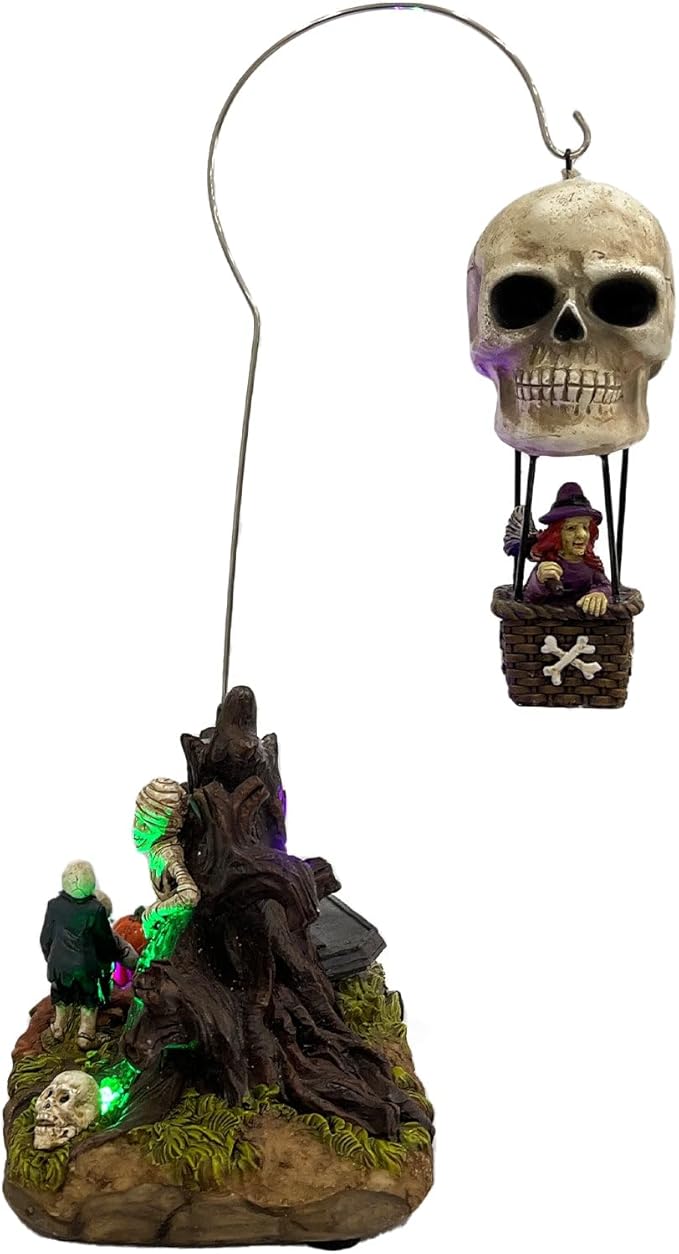Animated Skull Balloon Ride Halloween Figurine | Spooky Town Collection Accessories with Multi-Color LED, Motion and Sound | 14.13 Inch-Ruum Studio Home