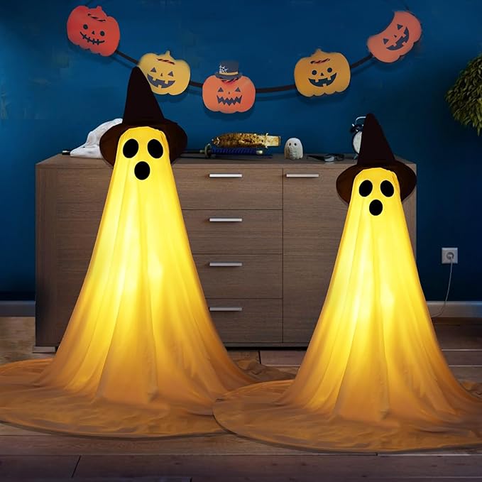 2 Packs Halloween Ghost Outdoor Decorations, 59” Light Up Ghost Decor with Remote Control, Adjustable Height Standing Halloween Lighted Ghost Kit with Witch Hat Ideal for Porch, Garden, Yard-Ruum Studio Home