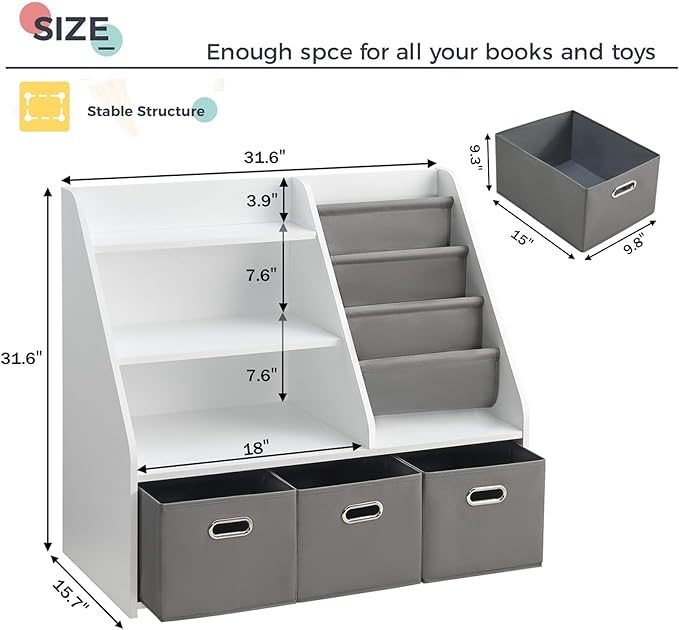 Kids Bookshelf, Kids Toy Storage Organizer with Storage Bins, Wooden Bookshelf and Book Display Shelf for Bedroom, Playroom, Nursery, Classroom, White-Ruum Studio Home