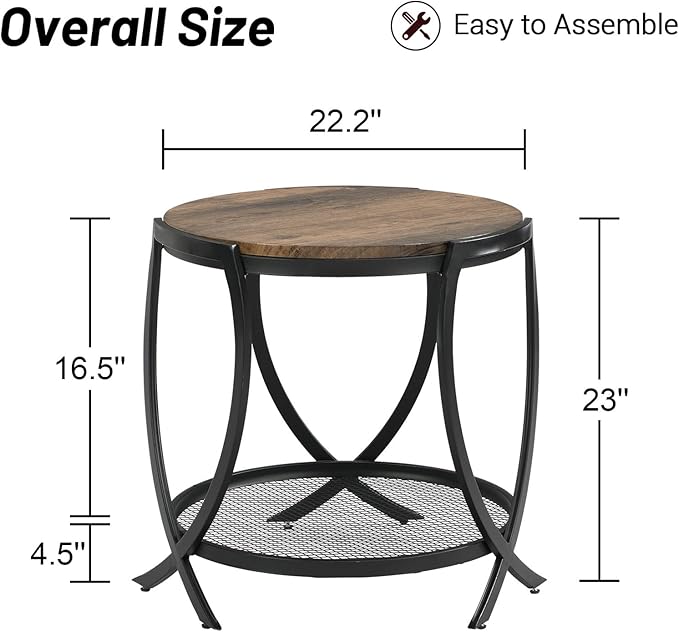 ASYA Industrial Round End Table with Storage Shelf, 2-Tier Side Table for Living Room, Adjustable Feet & lmitation Wood Grain Surface, Rustic Brown-Ruum Studio Home
