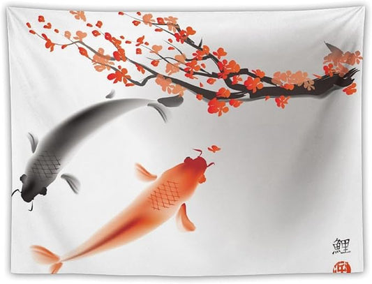 Houselerax Japanese Koi Fish Tapestry, Cherry Blossoms Asian Oriental Flower Branch Koi Fish Carp Tapestries Wall Hanging for Bedroom Living Room Office Decor 90"x60"-Ruum Studio Home