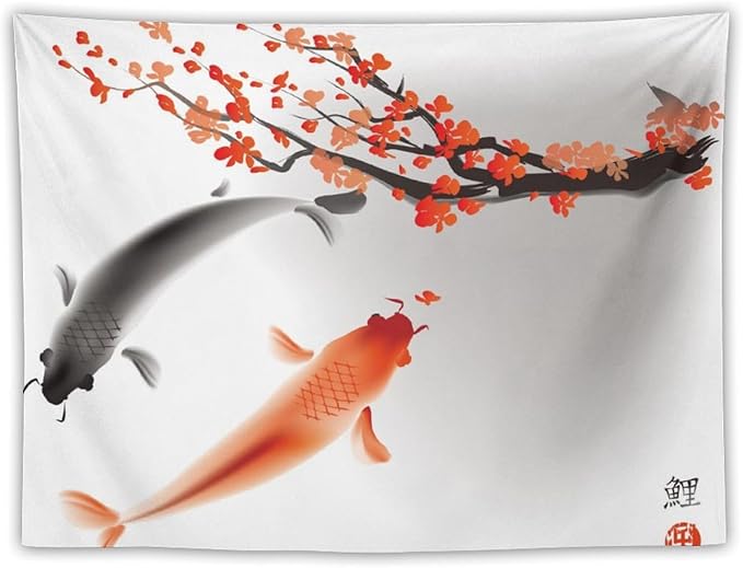 Japanese Koi Fish Tapestry, Cherry Blossoms Asian Oriental Flower Branch Koi Fish Carp Tapestries Wall Hanging for Bedroom Living Room Office Decor 40"x30"-Ruum Studio Home