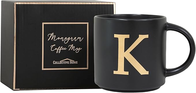 COLLECTIVE HOME - Monogram Ceramic Mugs, 15 oz Golden Initial Black Coffee Cups, Elegant Alphabet Tea Mugs, Elegant Personalized Mug with Gift Box, Unique Mug with Double Side Capital Lette (K)-Ruum Studio Home