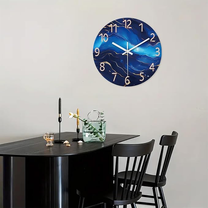 Blue Glass Wall Clocks Battery Operated 20 Inch Marble Large Wall Clocks for Living Room Round Non Ticking Wall Clock Silent-Ruum Studio Home