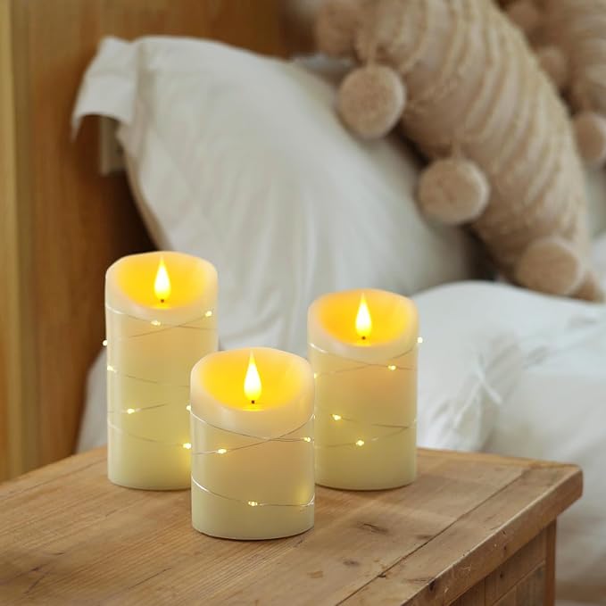 Homemory Flameless Candles with String Lights, 3 Pack Embedded Fairy String Lights LED Candles, Electric Flickering Candles with Remote Control and Timer, Real Wax, Ivory White-Ruum Studio Home