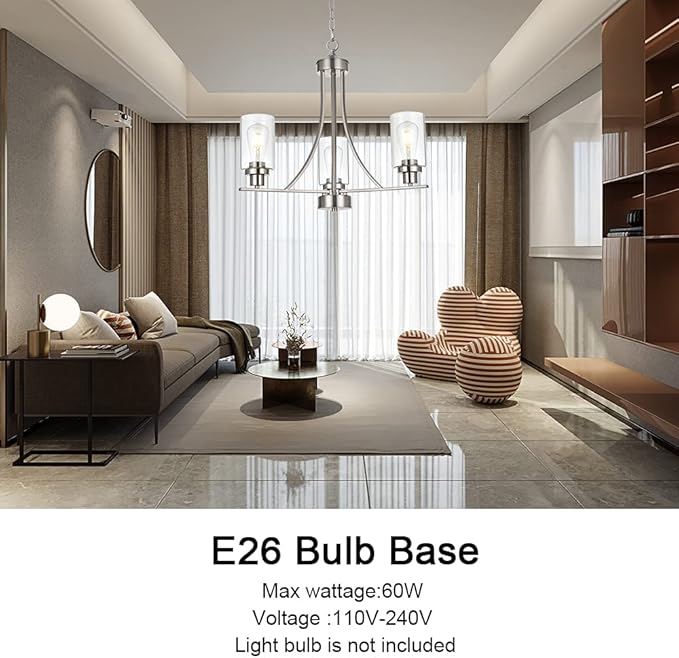 BONLICHT Contemporary Chandelier 3 Light Brushed Nickel Modern Lighting Fixtures Hanging Clear Glass Shades Pendant Light Classic Ceiling Lamp for Kitchen Dinging Room Living Room Bedroom Hallway-Ruum Studio Home