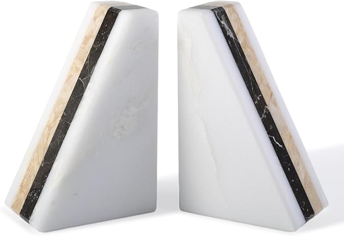 Marble Book Ends, Non-Skid Bookends for Shelves, Composite Bookend with Natural Marble, Heavy Duty Book Stopper, Collected CDs and Oversized Books Organizer, Gold & Black Decorative Bookends-Ruum Studio Home
