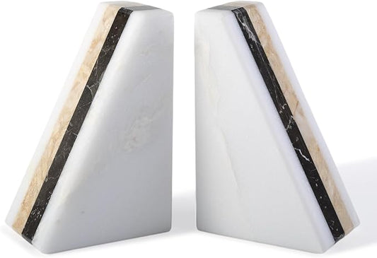 Marble Book Ends, Non-Skid Bookends for Shelves, Composite Bookend with Natural Marble, Heavy Duty Book Stopper, Collected CDs and Oversized Books Organizer, Gold & Black Decorative Bookends-Ruum Studio Home