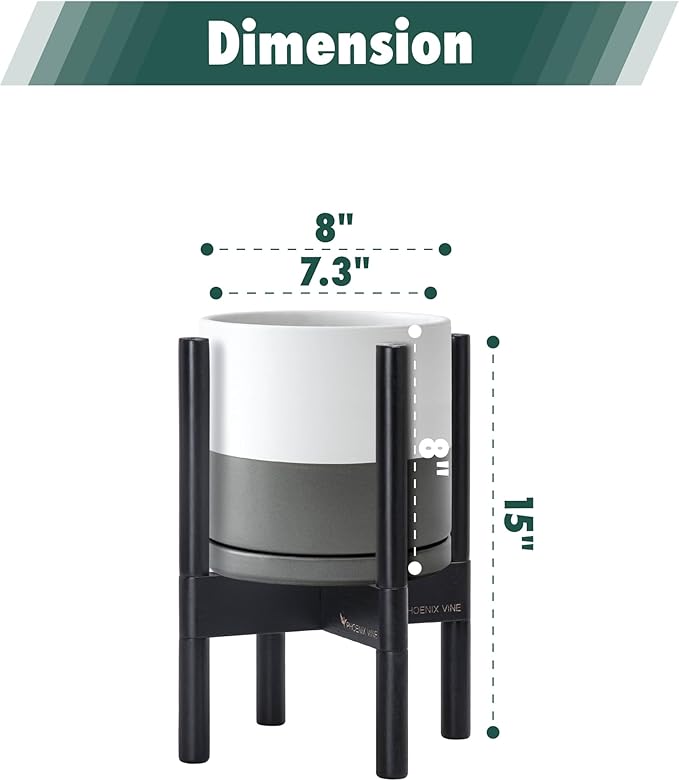 D'vine Dev Ceramic Planter with Ebony Stand - 8 Inch Modern Round Flower Pot with Wood Planter Holder, White/Grey, 55-B-M-6-Ruum Studio Home