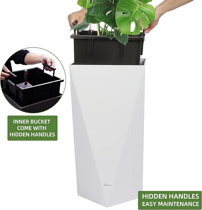 Dexceder 20 Inches Tall Self Watering Planter Diamond High Gloss Indoor Outdoor, Thickened Rhombus Large Floor Standing Flower Plant Pot with Water Level Indicator (White)-Ruum Studio Home