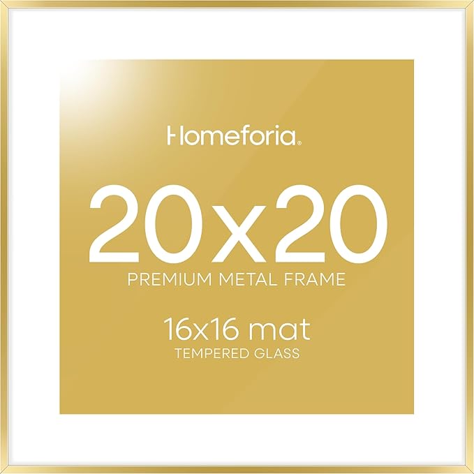 Homeforia 20x20 Picture Frame Gold, High End Metal 20 x 20 Square Poster Frame with Mat 16 x 16 Photo, 20x20 Frame Matted to 16x16 Print, 20by20 Gold Hanging Frames, Tempered Glass, Wall Kit, Set of 1-Ruum Studio Home