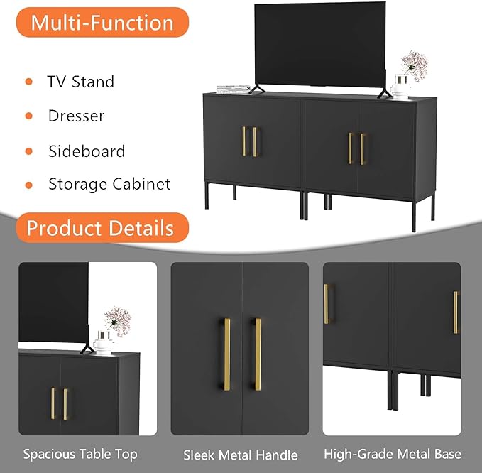LYNSOM TV Stand for 55 Inch TV, Media Console Table with 2 Cabinets, Storage for Bedroom, Living Room, Entertainment Room (Black)-Ruum Studio Home