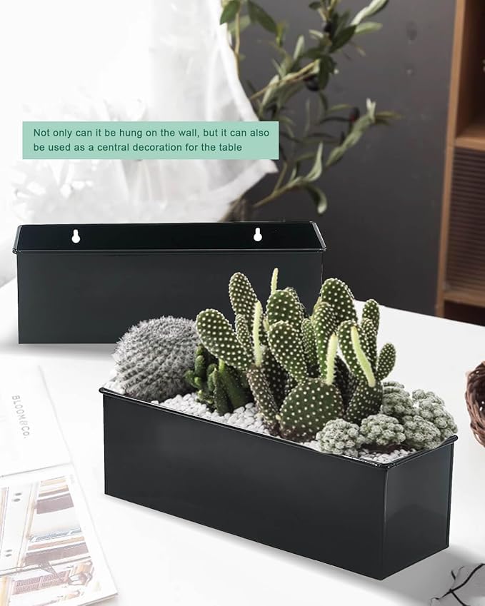 vensovo Metal Wall Hanging Planter Boxes – 12" Rectangle Flower Pots, 3 Pack with Drainage, Durable Galvanized Finish for Indoor Outdoor Balcony Fence Windowsill, Black-Ruum Studio Home