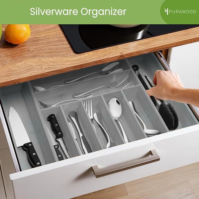 Purawood Bamboo Drawer Organizer - Expandable Silverware Organizer & Utensil Organizer, Cutlery Tray with Dividers, 7-9 Slots - Premium Kitchen Drawer Organizer for Utensils & Flatware (Grey)-Ruum Studio Home