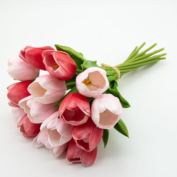 Buart Artificial Tulip in Bulk for Home Kitchen Wedding Bridal Bouquet,Fake Flowers for Valentine's Day Mother's Day Easter Table Centerpieces Decorations(Large Size,Multi Pink,Real-Touch,12pcs)-Ruum Studio Home