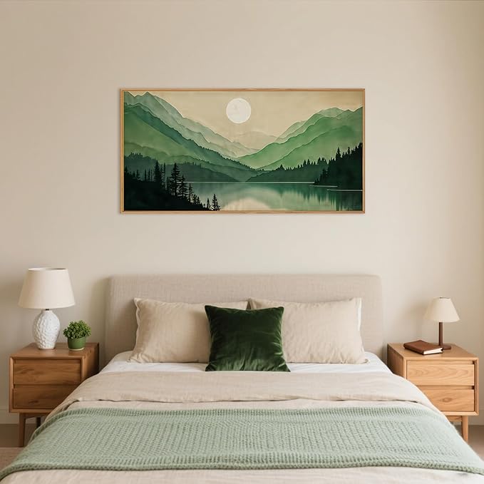 Celestdeco Watercolor Mountain Framed Canvas Wall Art Set, Boho Sun Forest Wall Decor, Green Scenery Wall Painting, Modern Woodland Artworks for Living Room, Bedroom, Dining Room, Office - 20" x40x1-Ruum Studio Home