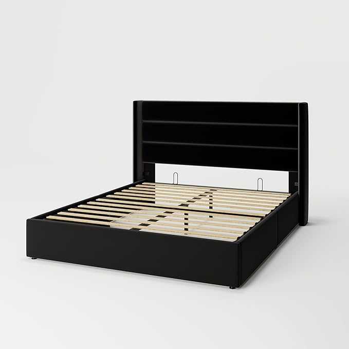 Allewie Queen Size Velvet Lift Up Storage Bed, Modern Wingback Headboard, Hydraulic Support, No Box Spring Needed, Black-Ruum Studio Home