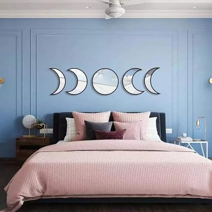 5 pcs Scandinavian Natural Decor Acrylic Moonphase Mirrors Interior Design Wooden Moon Phase Mirror Bohemian Wall Decoration for Home Living Room Bedroom Decor - No Need to Punch (Black)-Ruum Studio Home