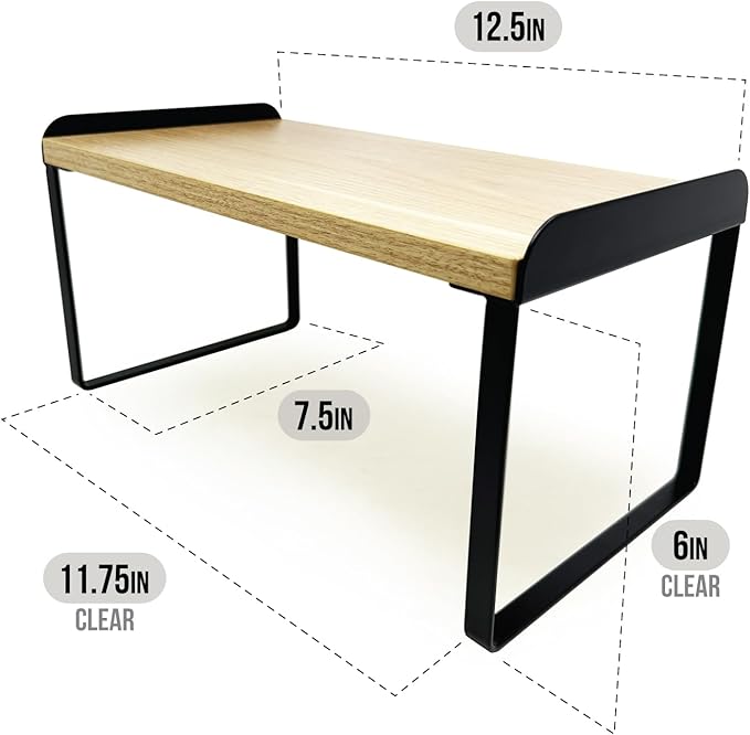 Mitus Shelf Organizer and Storage, Tiered Wood Cabinet Rack for The Kitchen Counter, Bathroom Counter, Pantry Cupboard, Office Desk Bookshelf, 12" Wide Natural and Black-Ruum Studio Home