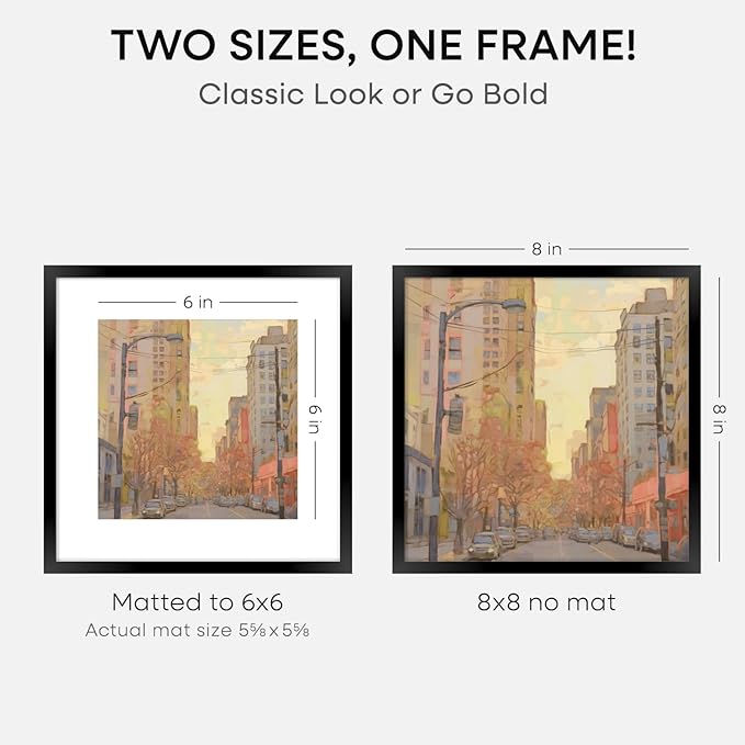 Homeforia 8x8 Black Picture Frame, High End Metal 8 x 8 Square Photo Frames with Mat 6 by 6, 8x8 Poster Frame Matted to 6x6 inch Print, 8by8 Wall or Tabletop Frames, Tempered Glass, Wall Kit, Set of 1-Ruum Studio Home