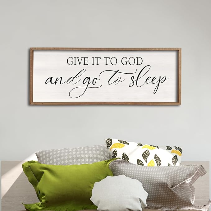 comurdyo Give It To God And Go to Sleep Sign 40''×15'' Master Bedroom Above Bed Wall Decor Wood Framed Couple Large Farmhouse Guest Room Rustic Simple Over Bedside Wall Art Hanging Decor (Wood)-Ruum Studio Home