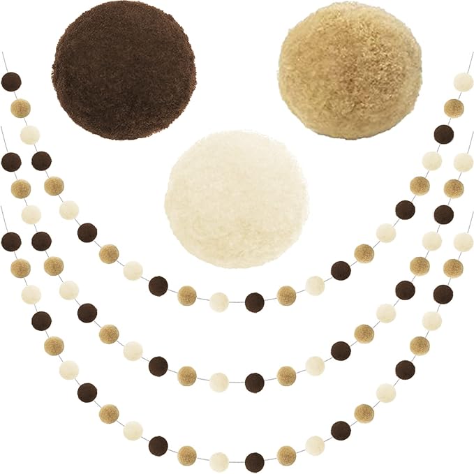 Jishi Pom Pom Garland Boho Party Decorations, 3-Pack Brown Khaki Beige Felt Ball Garland Cute Pastel Rainbow Pompom Strings, Christmas Birthday Wedding Rustic Boho Home Decor Supplies, Xmas Tree Decor-Ruum Studio Home