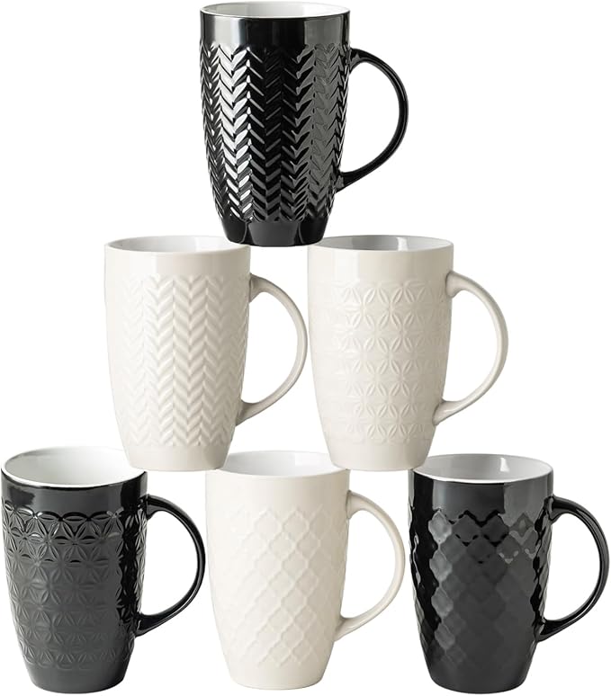 AmorArc Large Coffee Mugs Set of 6, 20oz Ceramic Tall Coffee Mugs Set with Textured Geometric Patterns for Coffee/Tea/Beer/Hot Cocoa, Dishwasher & Microwave Safe, Black&Beige-Ruum Studio Home