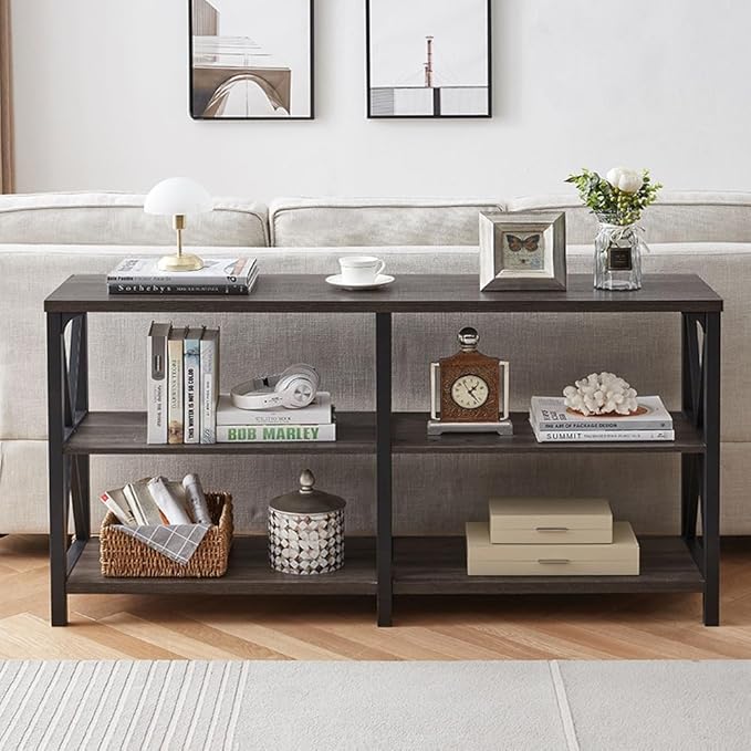 LVB Rustic Console Table, Industrial Modern Sofa Table Behind Couch, Long Metal Wood Entryway Table with Storage Shelf, Farmhouse Foyer Hallway Table for Home Living Room Bedroom, Dark Gray Oak, 63 in-Ruum Studio Home