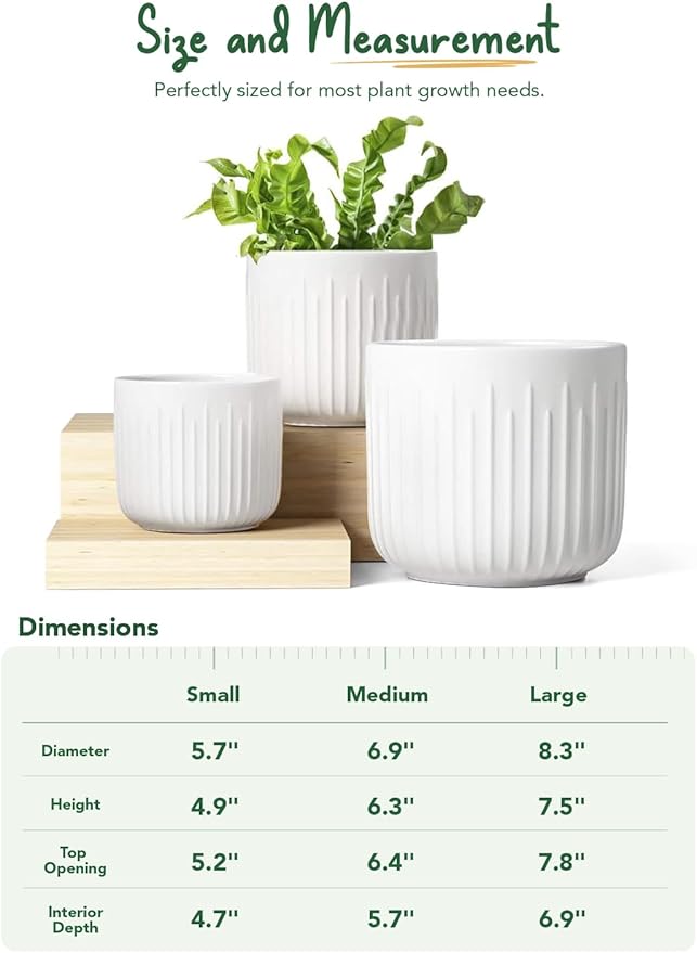 LE TAUCI Fluted Ceramic Planters Set of 3 – 8.3/7 / 5.7 in White Cylinder Indoor Plant Pots with Drainage Plug & Mesh, Matte Glazed Stoneware Flower Pots for Succulent Herb Cactus-Ruum Studio Home