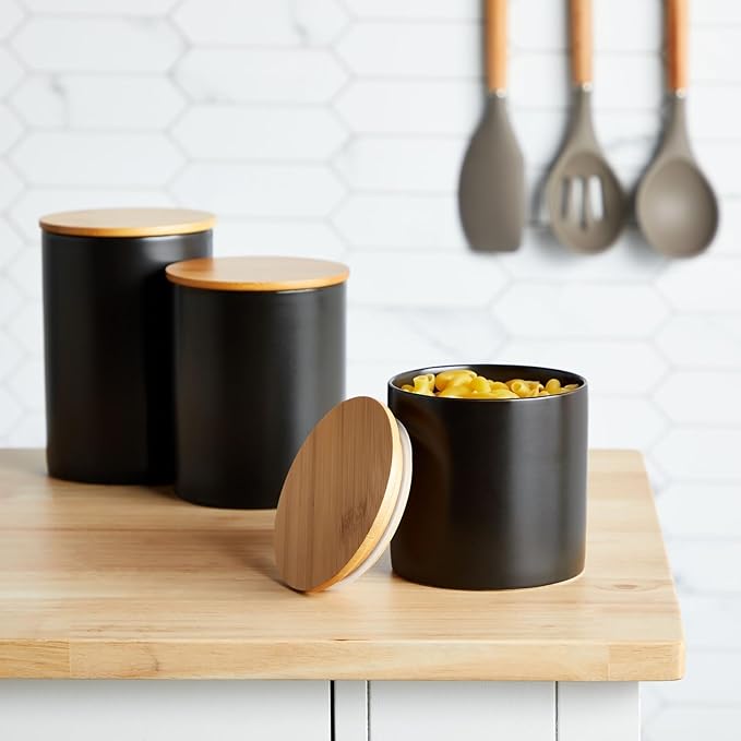 Farmlyn Creek Set of 3 Matte Black Kitchen Canister with Airtight Wooden Bamboo Lids, Kitchen Counter Containers, Food Storage Jars, Ideal for Storing Sugar, Coffee and Other Dry Goods, (3 Sizes)-Ruum Studio Home