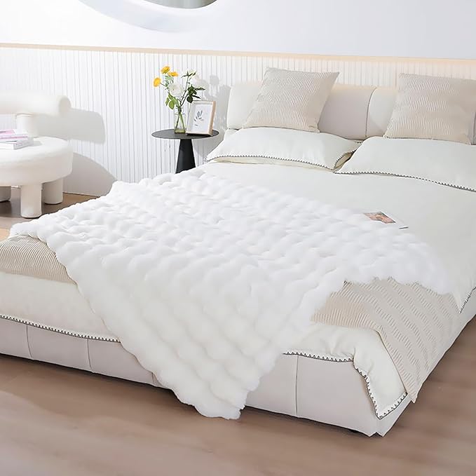 UKELER White Plush Furry Throw Blanket Super Soft Cozy Warm Blanket for Bed, Couch, Sofa, Office, Camping Shaggy Faux Fur Blanket Gift for Women, Men 50''x60''-Ruum Studio Home
