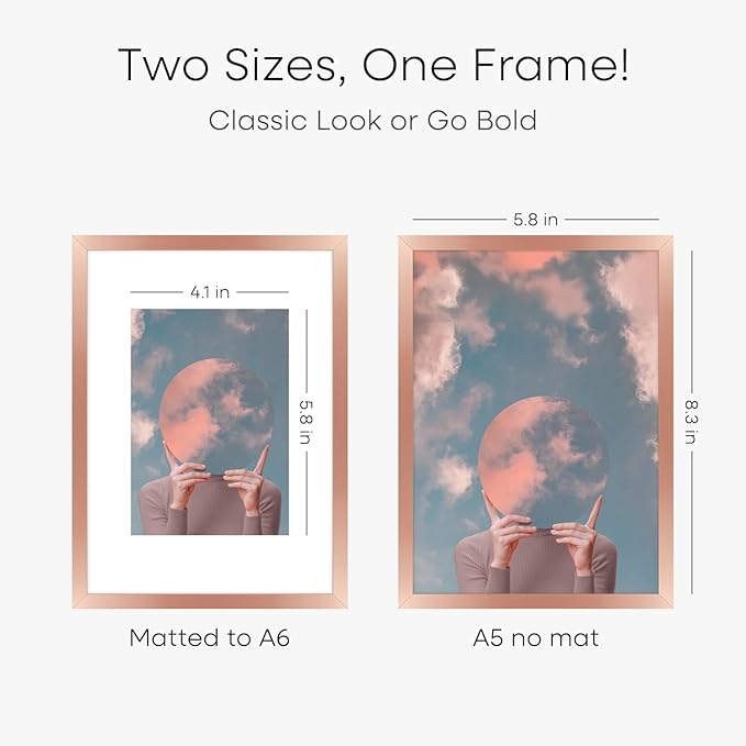 Homeforia A5 Frame Rose Gold, High End Metal 5.8 x 8.3 Picture Frames Matted to 4.1 by 5.8 inch Art, A5 Display Photo Frame with Mat A6, 5.8x8.3 Rose Poster Frames, Tempered Glass, Wall Kit, Set of 1-Ruum Studio Home