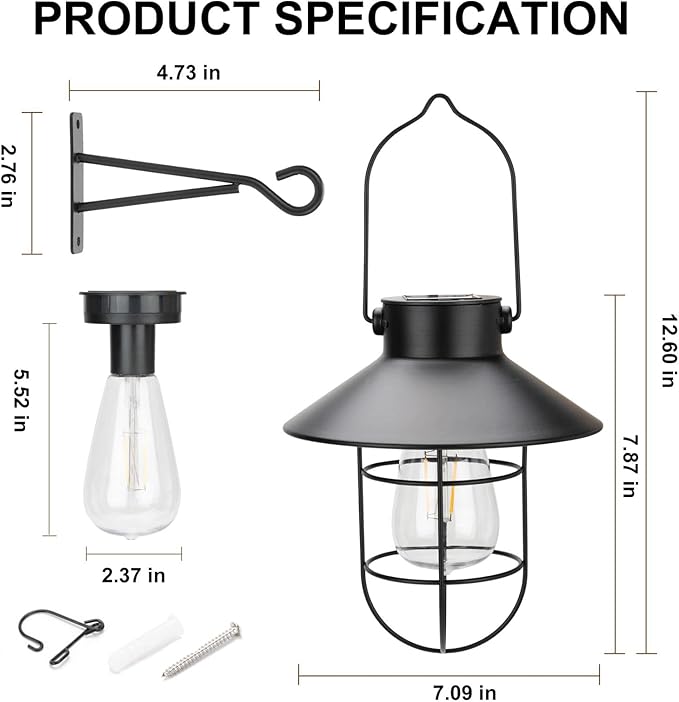 pearlstar Solar Lanterns Outdoor Metal Solar Powered Hanging Lights Waterproof for Wall Yard Garden Patio Garage Balcony Porch Fence Decor, Warm White Edison Bulb,with Wall Mount Kit（Black-1pack）-Ruum Studio Home