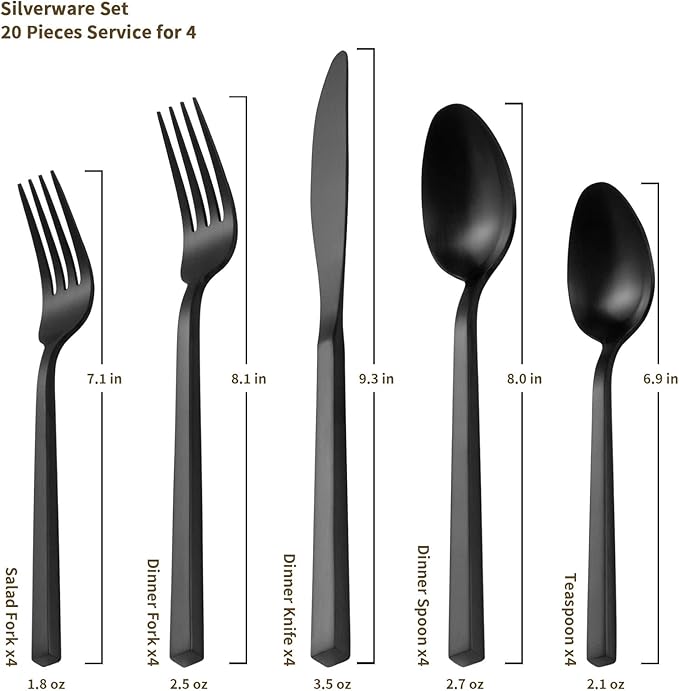 Alata Cube Black 20-Piece Forged Silverware Set Stainless Steel Flatware Set,Service for 4,Matte Satin Polished Cutlery Set,Dishwasher Safe-Ruum Studio Home