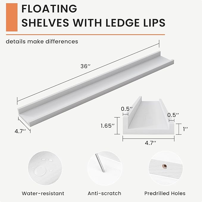 Solid Ash Wood Picture Ledge Shelf, 36 Inch Floating Shelves with Lip Set of 2, Photo Ledge Shelf Nursery Bookshelf Wall Mounted for Living Room Bedroom Decor, White-Ruum Studio Home