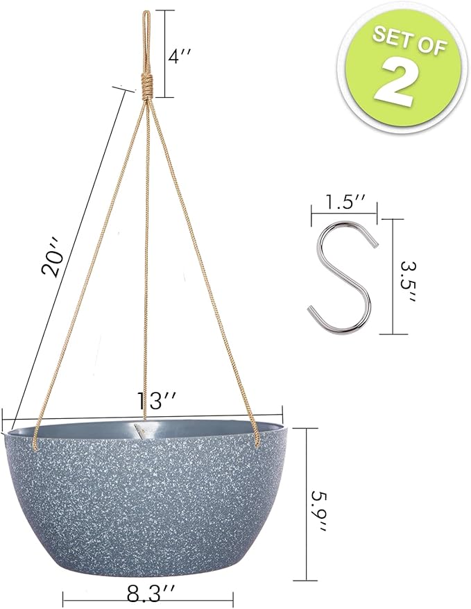13 Inch 2 Pack Large Hanging Planters for Indoor Outdoor Plants, Plastic Hanging Basket Pots for House Plants Flowers, Grey-Ruum Studio Home