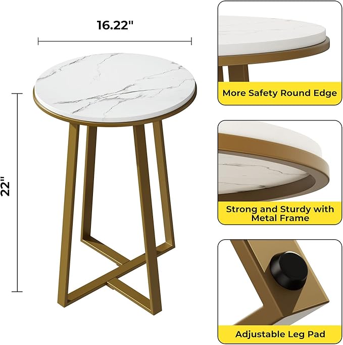 Round End Tables, Small Side Table White Marble Texture MDF Top,Metal Frame Gold Color, Tall End Table for Bed Room,Coffee Tea End Table for Living Room (White Marble+Gold)-Ruum Studio Home