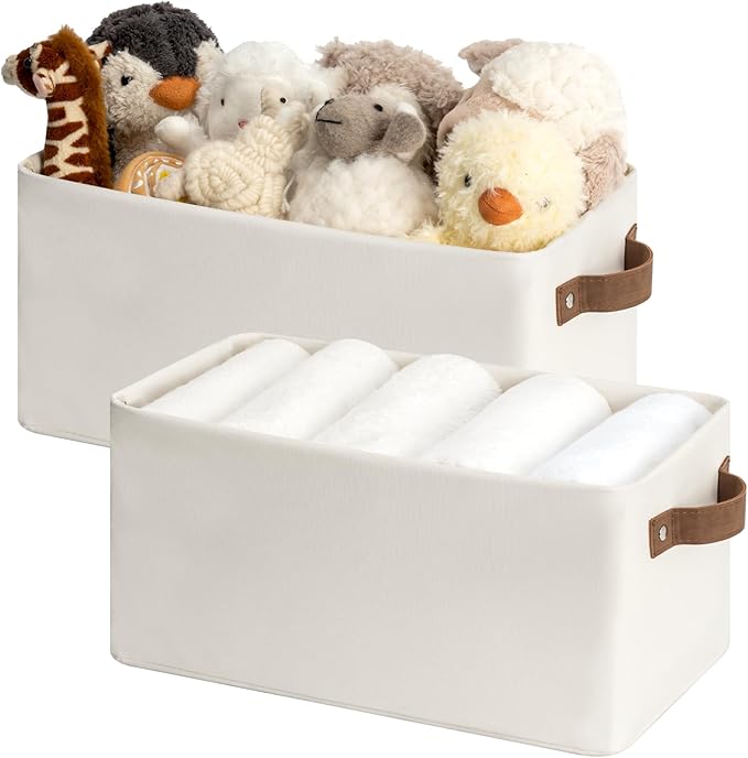 StorageWorks Narrow Storage Bins, Small Basket for Closet and Shelves, Rectangular Fabric Organizer with Handles, Toilet Paper Storage, Beige, 2-Pack-Ruum Studio Home