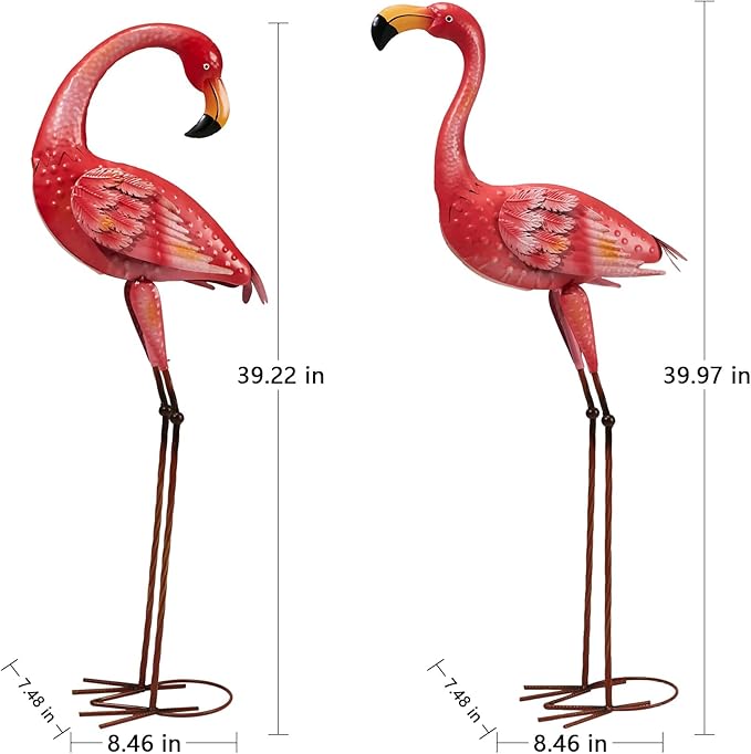 Metal Flamingo Garden Statue, 40" Tall Outdoor Decor Flamingos Yard Art Sculptures and Statues Reinforced Foot, Weatherproof Flamingo Ornaments for Lawn Pool Backyard Decor, Set of 2-Ruum Studio Home