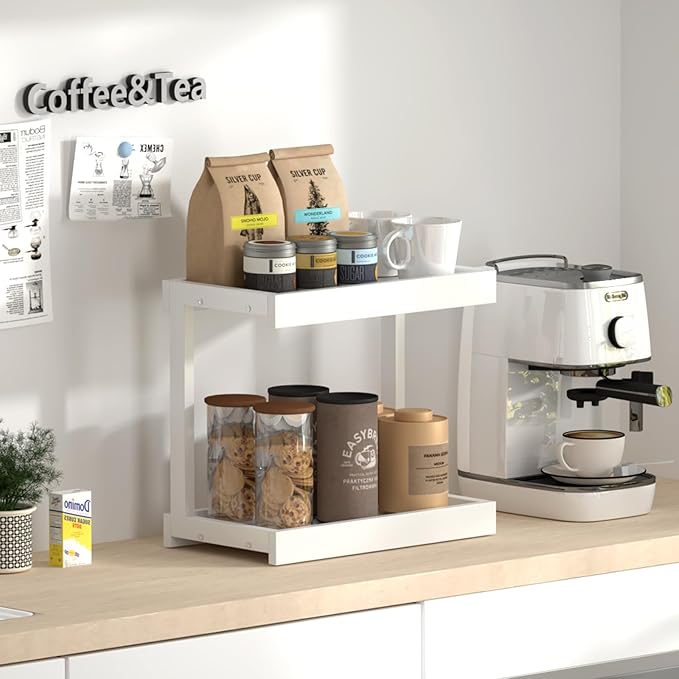 MARTY 2 Tier 15.75"x8.9" Large Countertop Shelf Organizer Spice Rack, Coffee Station Organizer for Mugs Cups, Wooden Shelf Desktop Storage Organizer for Kitchen Bathroom Home Office (White)-Ruum Studio Home