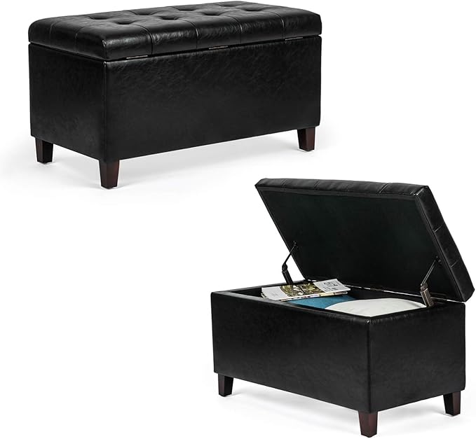Asense Storage Ottoman Bench, Faux Leather Upholstered End of Bed Bench with Safety Hinge Wooden Legs, for Entryway Bedroom (Black, 33.3")-Ruum Studio Home