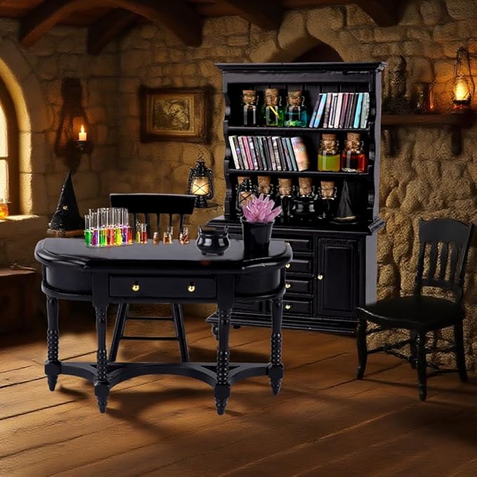 56 Pcs Halloween Miniatures Decorations 1:12 Scale Magic House Accessories Mini Wooden Bookshelf Furniture Set Tiny Sorcery Bottles Books Desk Chair Witch Hat Dollhouse Decor-Ruum Studio Home