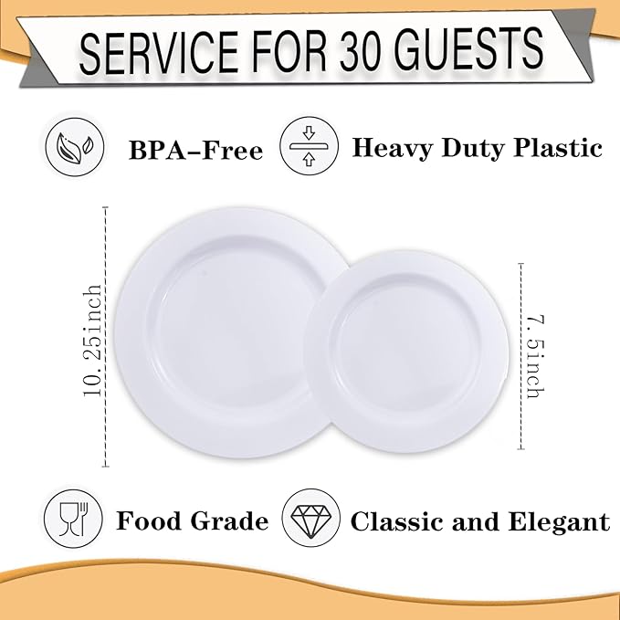 FLOWERCAT 60PCS White Plastic Plates - Heavy Duty White Disposable Plates for Birthday Party/Wedding -serve for 30 guests Include 30PCS 10.25" Dinner Plates & 30PCS 7.5" Dessert Plates for Party-Ruum Studio Home