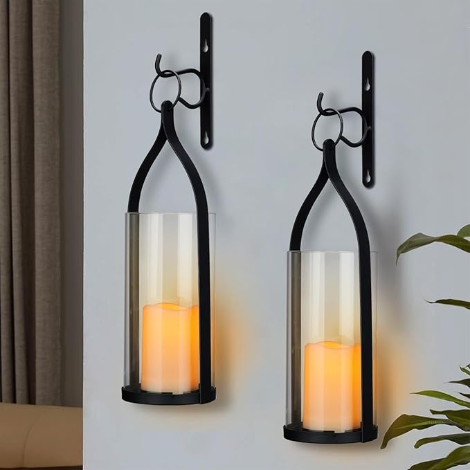 Metal Wall Sconce Candle Lantern Set of 2 - Black Wall Mounted Hanging Holder with Glass & Candles Vintage Wall Decor for Porch, Living Room, Dining Room, Bedroom Indoor Decor-Ruum Studio Home
